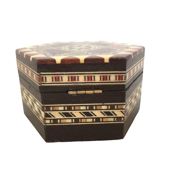Handcrafted Marketry Inlay Wooden Jewelry Box With Brass Latch Hexagonal - Picture 3 of 9